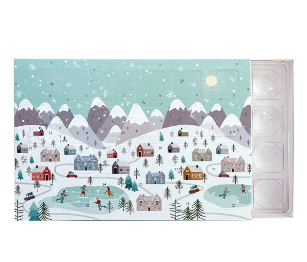 Tisch-Adventskalender für 24 Pralinen mit Winterlandschaft-Motiv