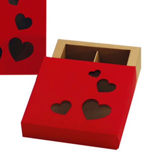 Geschenkverpackung mit Herz-Ausstanzung und Klarsichtfenster für 4 Pralinen oder Trüffel – Bild 2