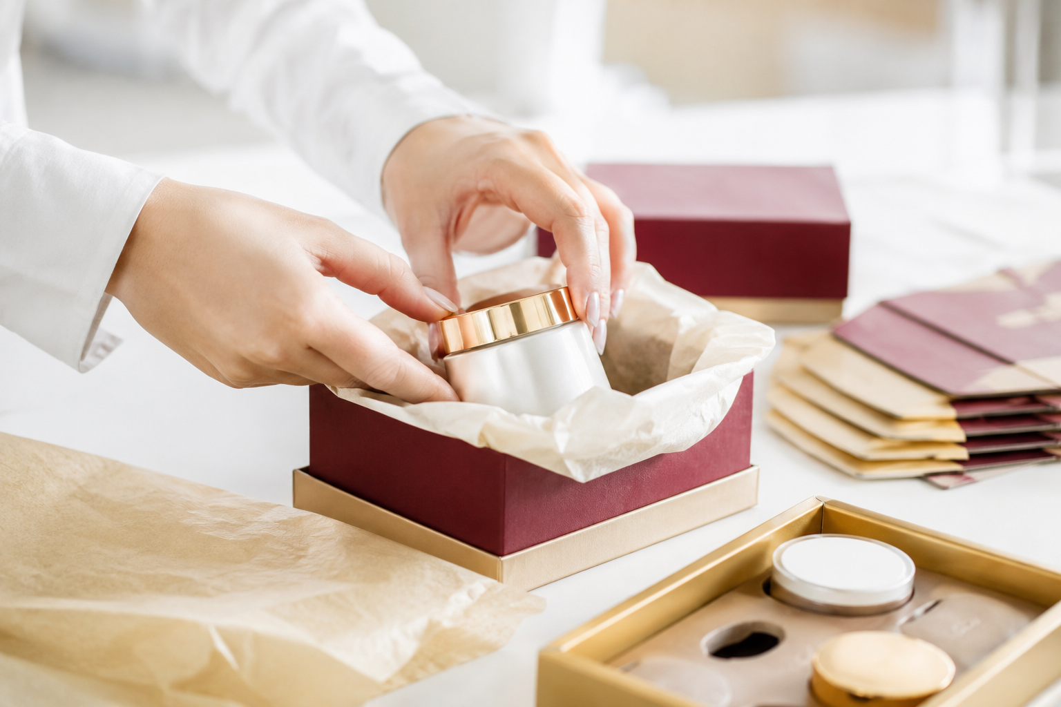 Sorgfältige Handkonfektionierung einer hochwertigen Verpackung bei Walter Verpackungen