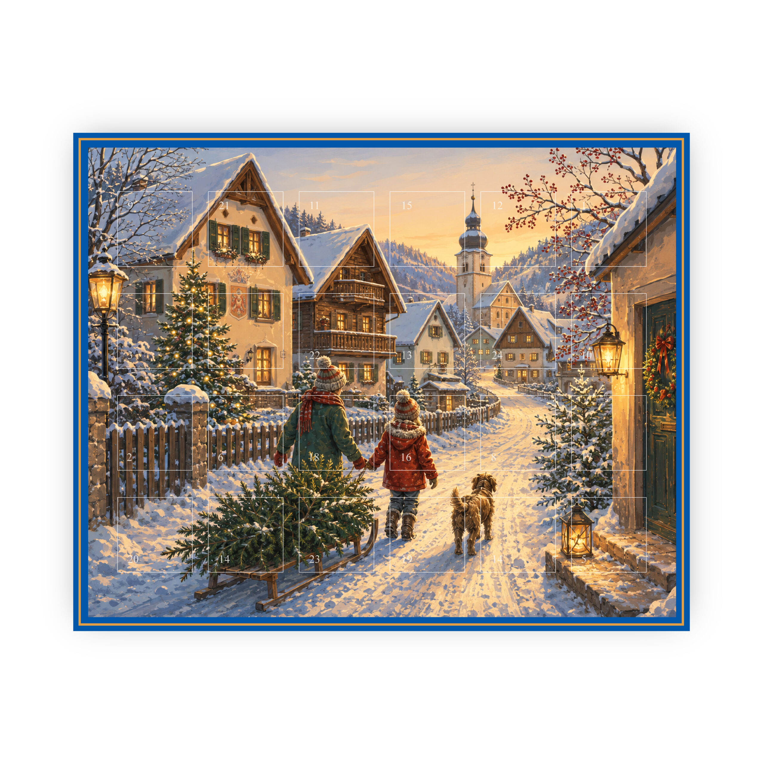 Großer Adventskalender für 24 Pralinen mit Motiv "Weihnachtsbaum auf dem Heimweg"