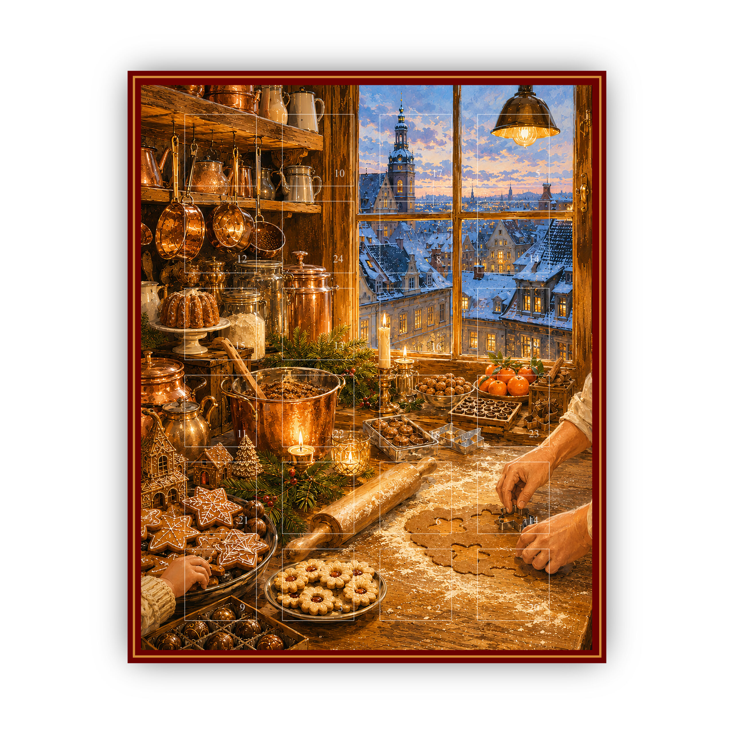 Großer Adventskalender für 24 Pralinen mit Motiv "Backen im Advent"