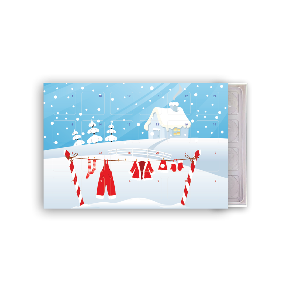 Tisch-Adventskalender für 24 Pralinen mit Santa-is-coming-Motiv